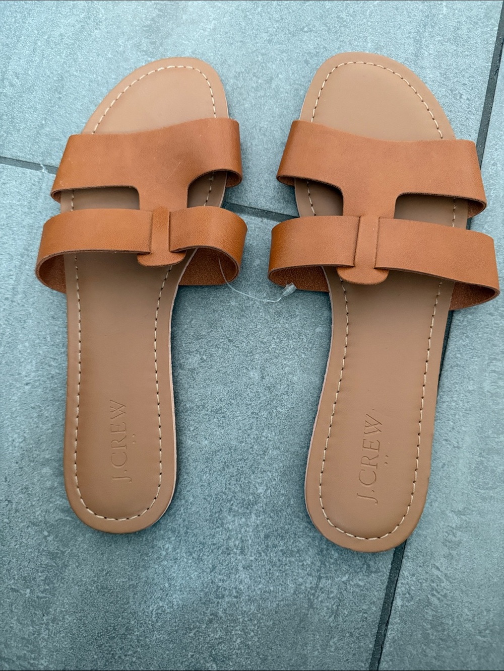 J. Crew Tan Leather Double-Strap Slide Sandals